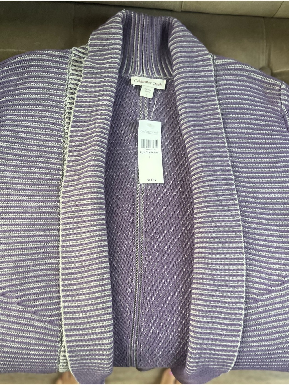Coldwater Creek Lavender & White Striped Cardigan